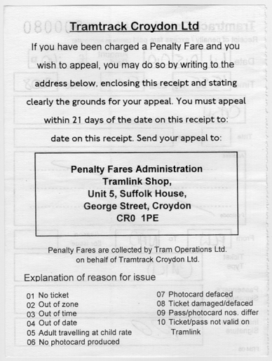 Penalty Fare Notice - Back